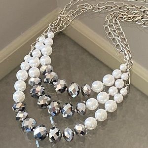 Vintage Silver 3 Strand Faux Pearl & Glass Beads Necklace